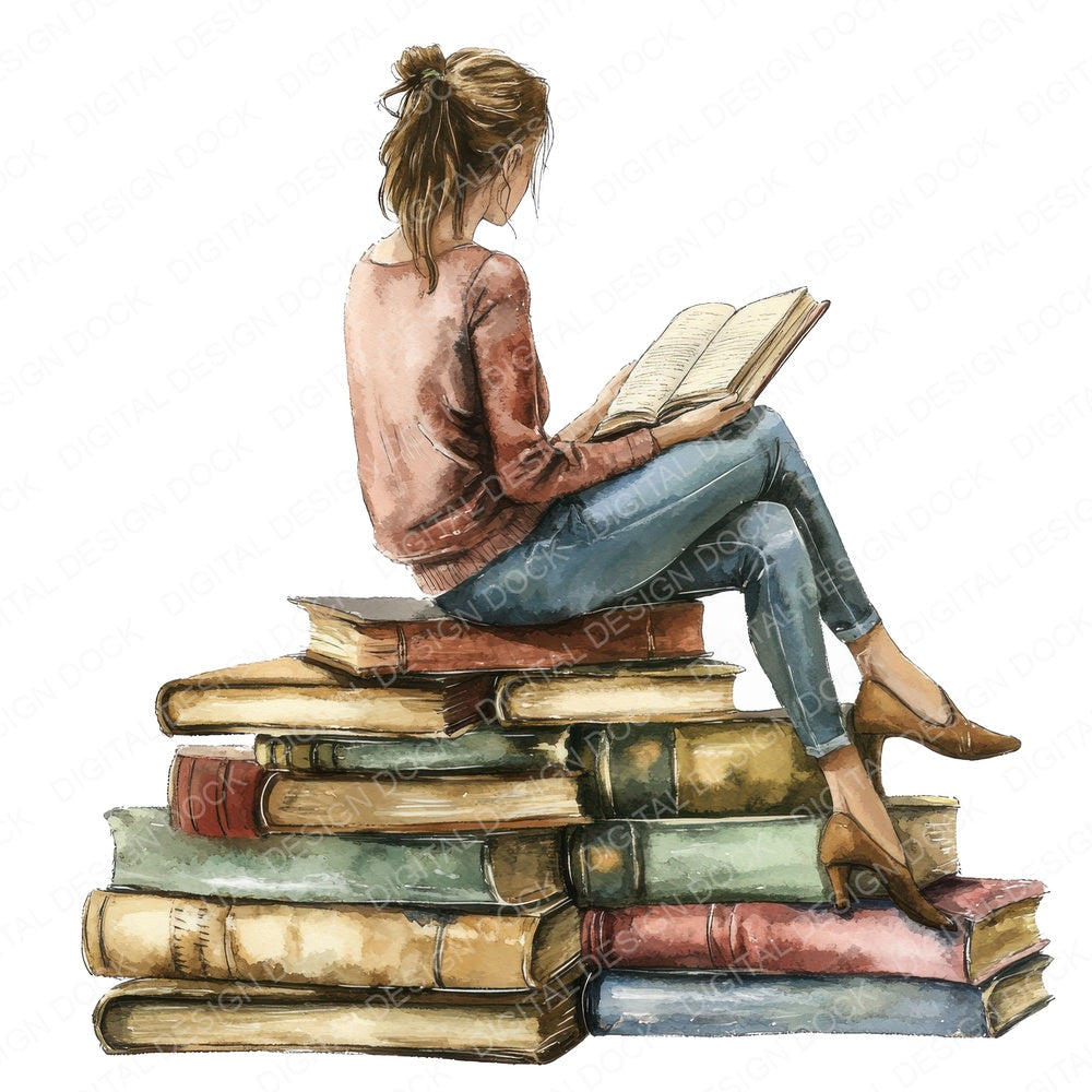 Woman Reading Pile of Books fussy cut sheet in US Letter format showing all 12 designs on one printable page