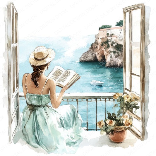 Woman Sea View Reading fussy cut sheet in A4 format showing all 12 designs on one printable page