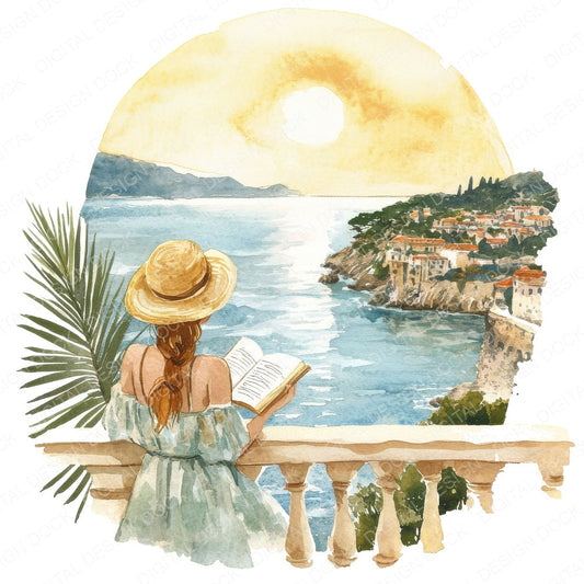 Woman Sea View Reading fussy cut sheet in US Letter format showing all 12 designs on one printable page