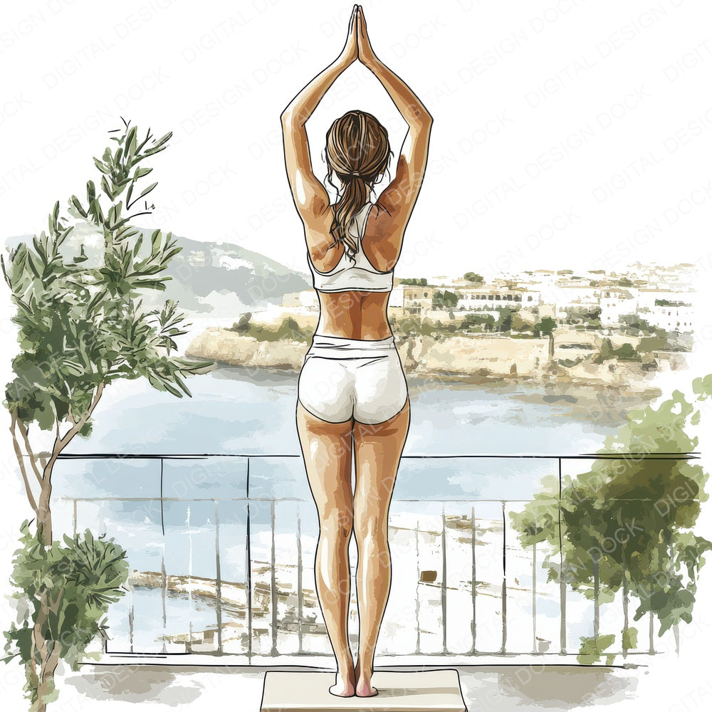 Woman Yoga Scenic View fussy cut sheet in A4 format showing all 12 designs on one printable page