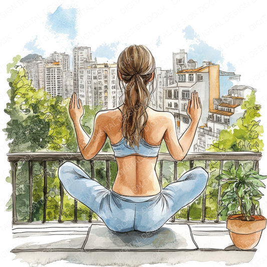 Woman Yoga Scenic View fussy cut sheet in US Letter format showing all 12 designs on one printable page