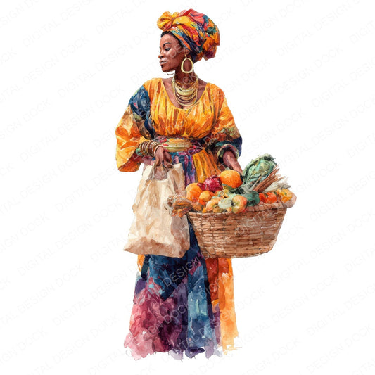 Woman at Fruit Market fussy cut sheet in A4 format showing all 12 designs on one printable page