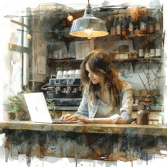 Woman in Cafe Working on Laptop fussy cut sheet in A4 format showing all 12 designs on one printable page