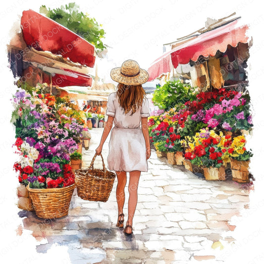 Woman in Flower Market fussy cut sheet in A4 format showing all 12 designs on one printable page