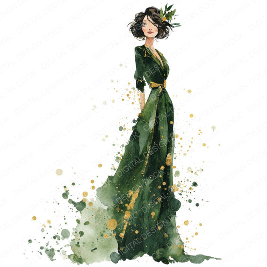 Woman in Green Christmas Gown fussy cut sheet in A4 format showing all 12 designs on one printable page