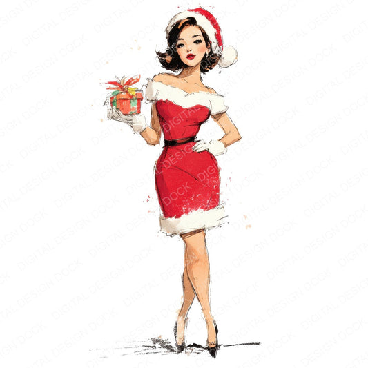 Woman in Red Christmas Dress fussy cut sheet in A4 format showing all 12 designs on one printable page