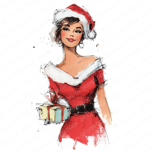 Woman in Red Christmas Dress fussy cut sheet in US Letter format showing all 12 designs on one printable page