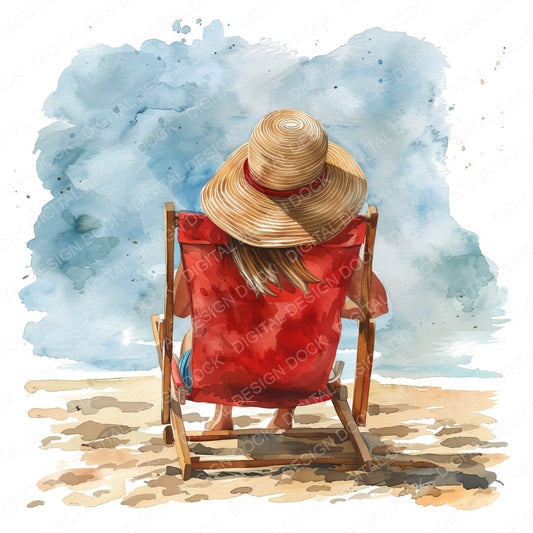 Woman on Beach Deck Chair fussy cut sheet in A4 format showing all 12 designs on one printable page