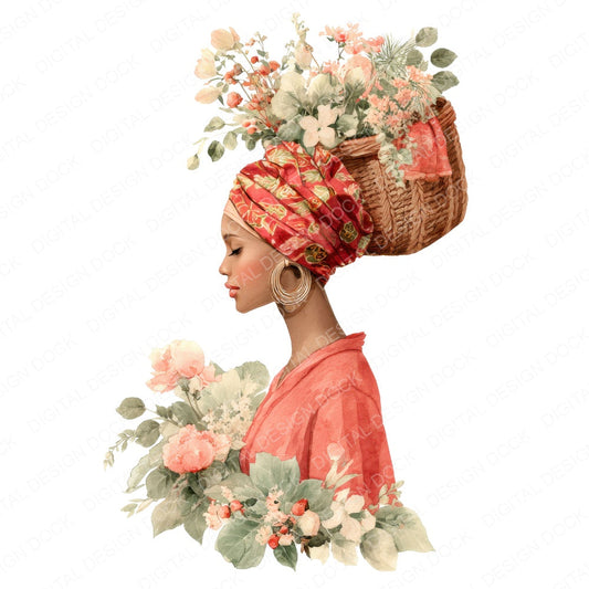 Woman with Basket of Flowers fussy cut sheet in A4 format showing all 12 designs on one printable page