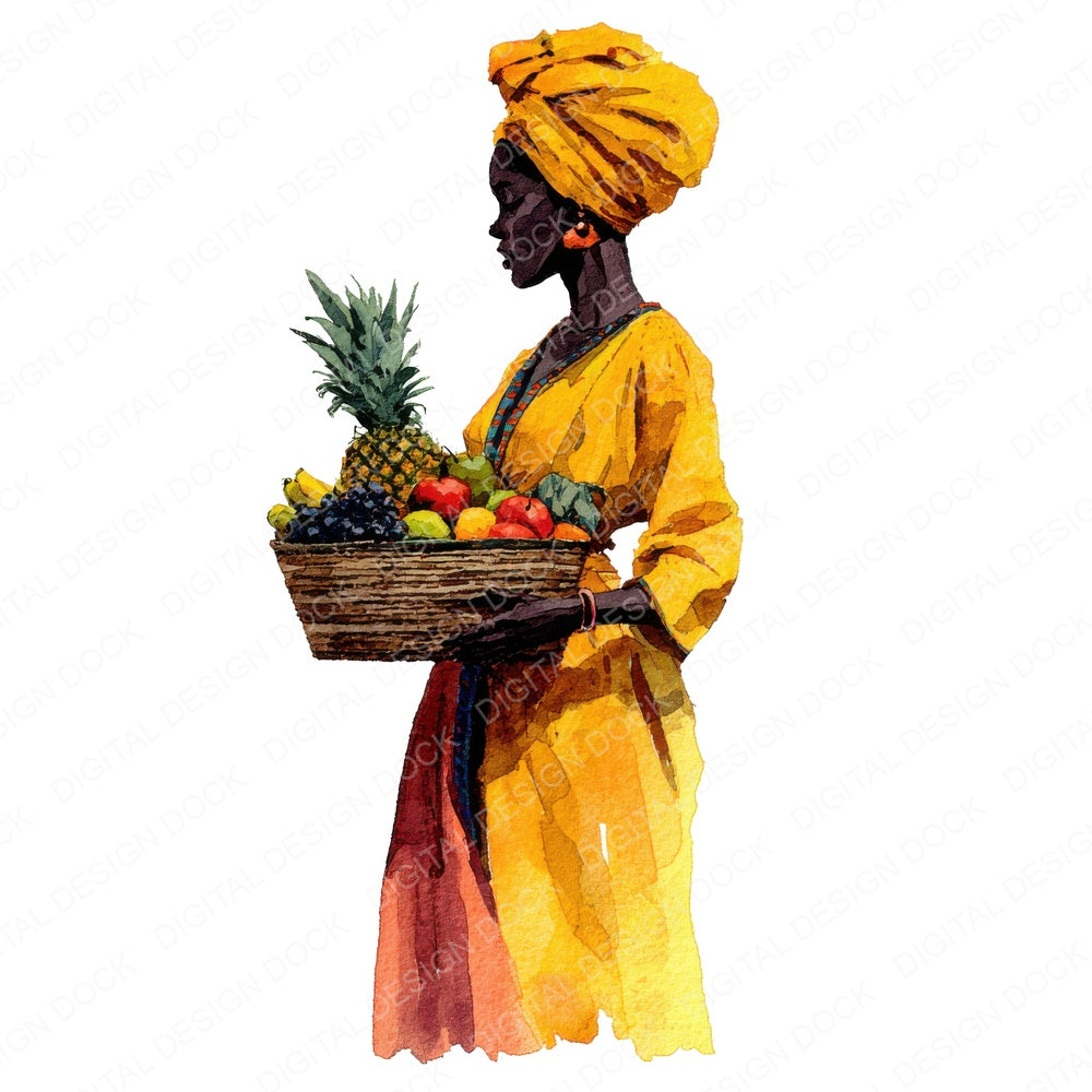 Woman with Basket of Tropical Fruit fussy cut sheet in A4 format showing all 12 designs on one printable page