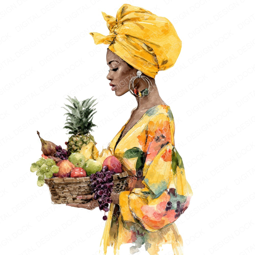 Woman with Basket of Tropical Fruit fussy cut sheet in US Letter format showing all 12 designs on one printable page