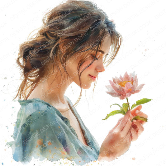 Woman with Single Flower B fussy cut sheet in A4 format showing all 12 designs on one printable page