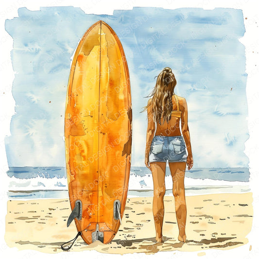 Woman with Surfboard on Beach fussy cut sheet in US Letter format showing all 12 designs on one printable page