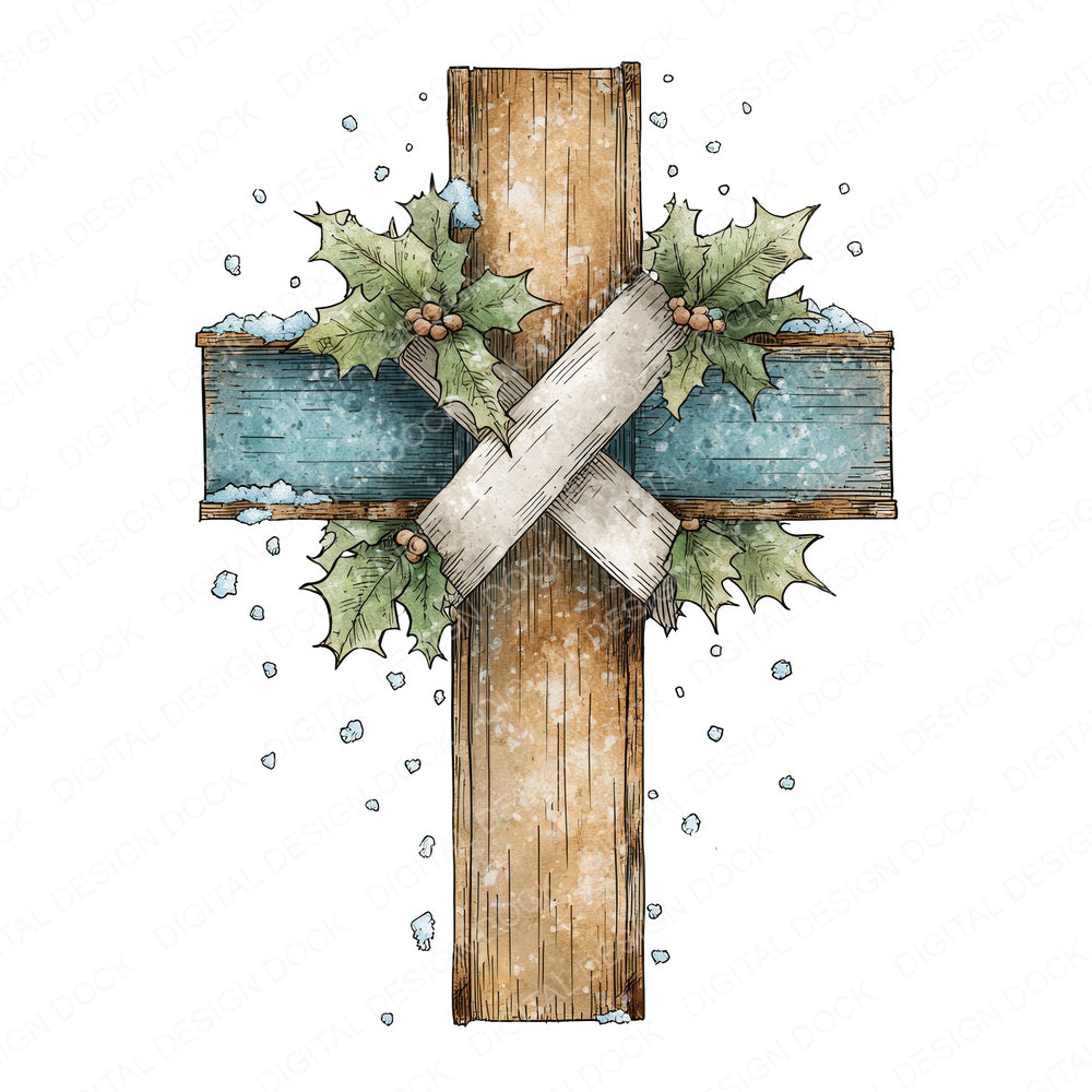 Wooden Cross with Holly and Snowflakes fussy cut sheet in A4 format showing all 12 designs on one printable page
