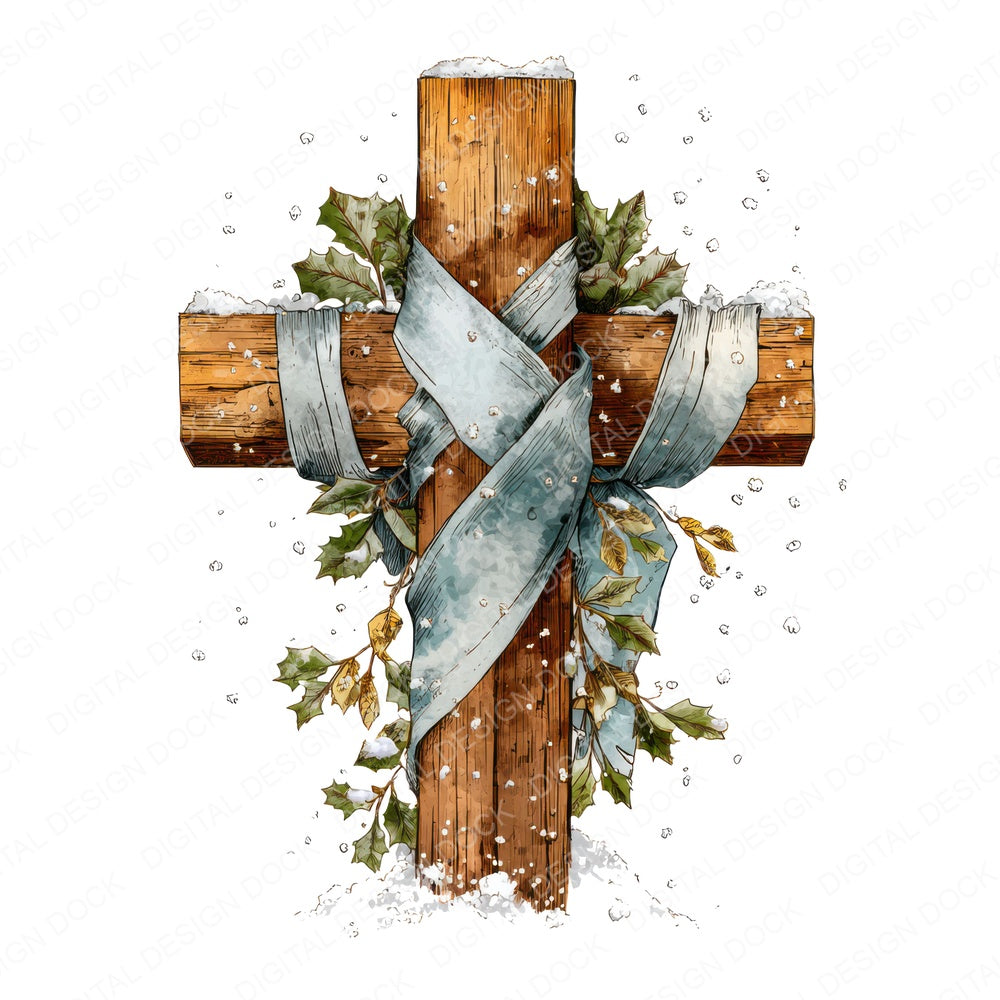 Wooden Cross with Holly and Snowflakes fussy cut sheet in US Letter format showing all 12 designs on one printable page