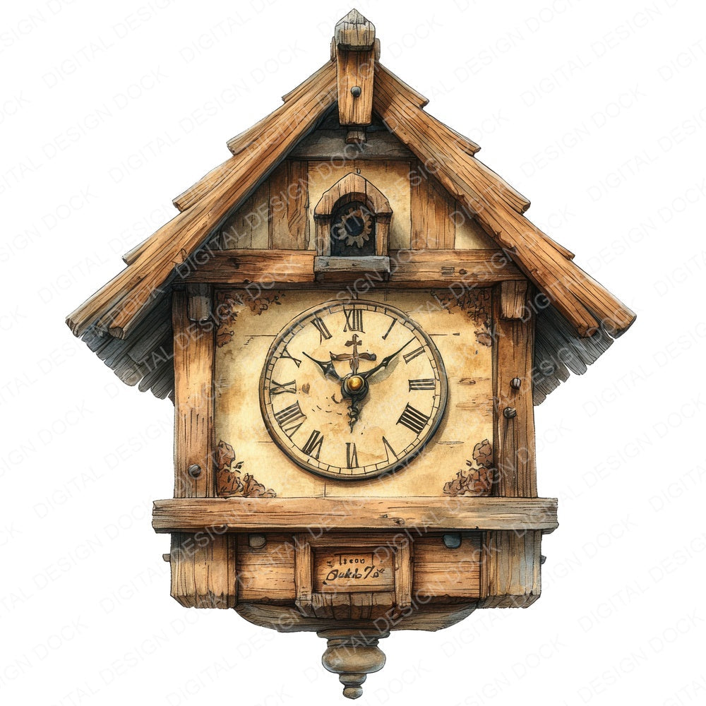 Wooden Cuckoo Clock fussy cut sheet in A4 format showing all 12 designs on one printable page