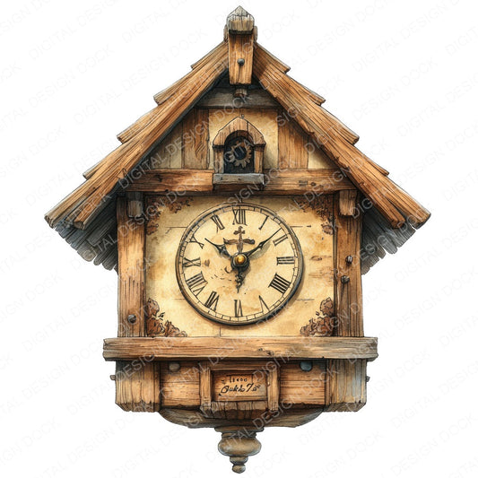 Wooden Cuckoo Clock fussy cut sheet in A4 format showing all 12 designs on one printable page