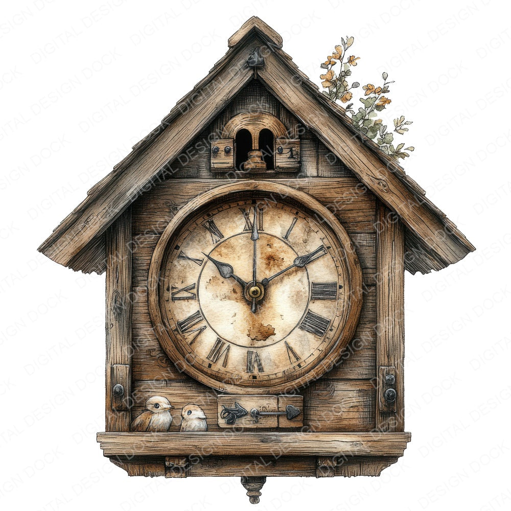 Wooden Cuckoo Clock fussy cut sheet in US Letter format showing all 12 designs on one printable page