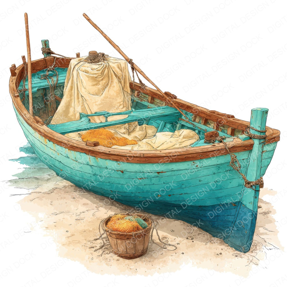 Wooden Fishing Boat fussy cut sheet in A4 format showing all 12 designs on one printable page