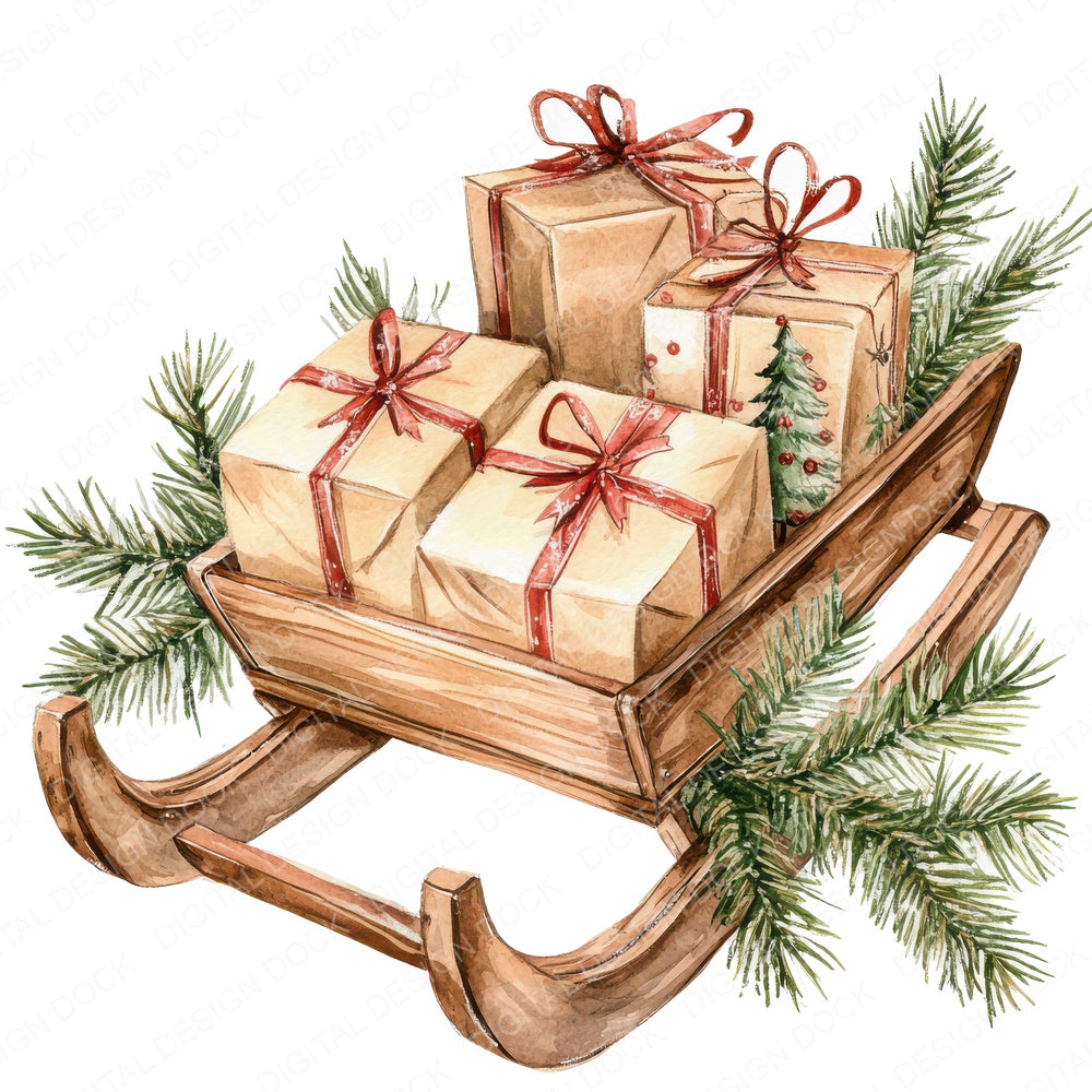 Wooden Sled with Gifts fussy cut sheet in US Letter format showing all 12 designs on one printable page