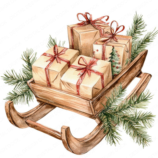 Wooden Sled with Gifts fussy cut sheet in US Letter format showing all 12 designs on one printable page