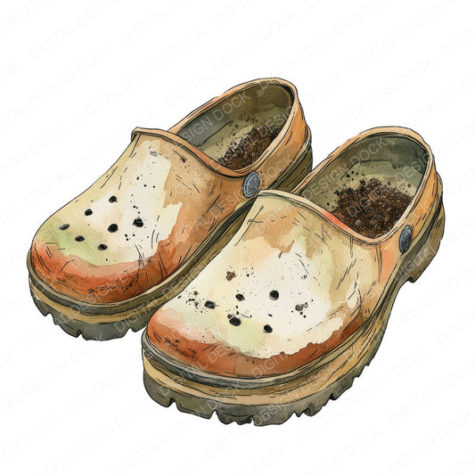 Worn Gardening Clogs fussy cut sheet in A4 format showing all 12 designs on one printable page