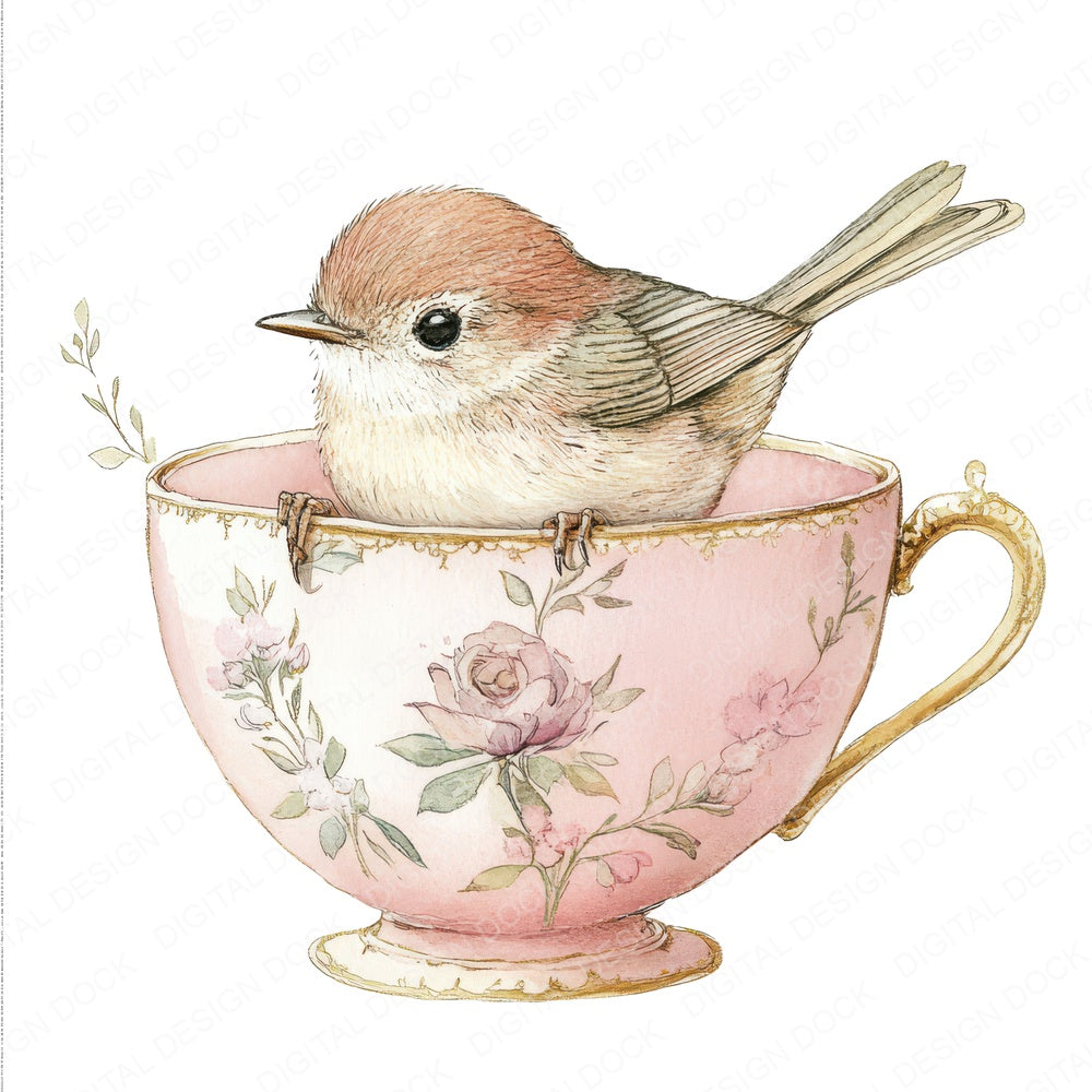 Wren in Pink Teacup fussy cut sheet in A4 format showing all 12 designs on one printable page