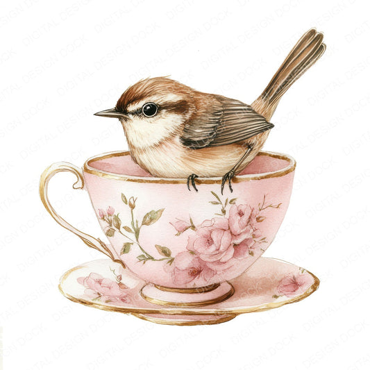 Wren in Pink Teacup fussy cut sheet in US Letter format showing all 12 designs on one printable page