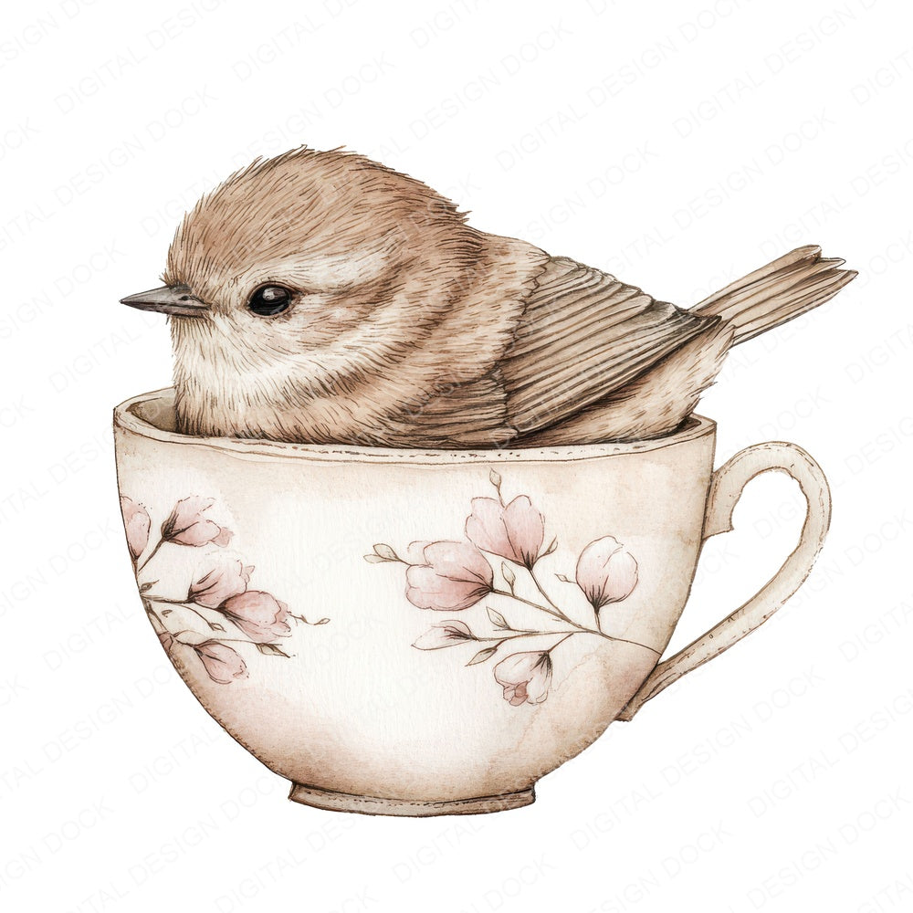 Wren in Teacup fussy cut sheet in A4 format showing all 12 designs on one printable page