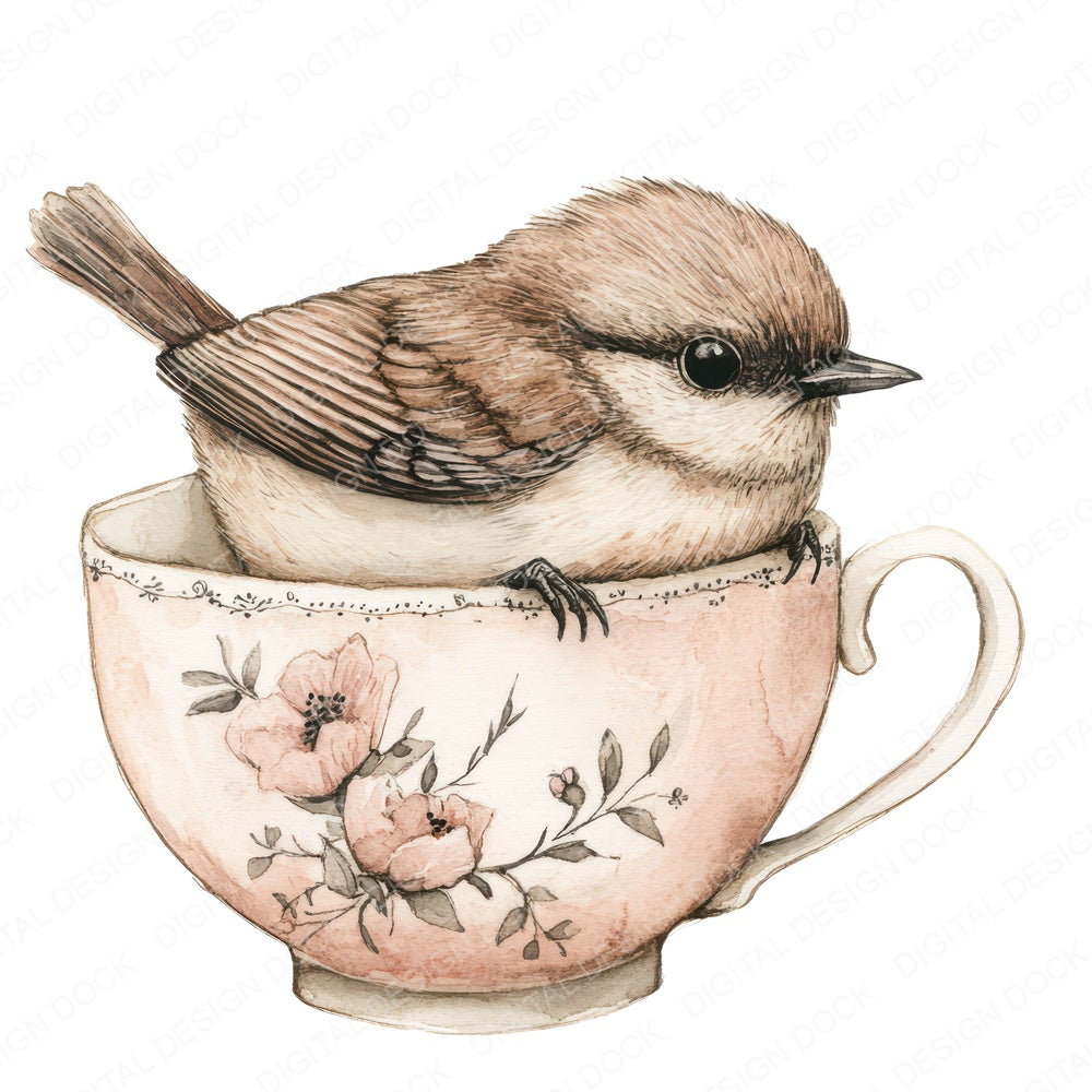 Wren in Teacup fussy cut sheet in US Letter format showing all 12 designs on one printable page