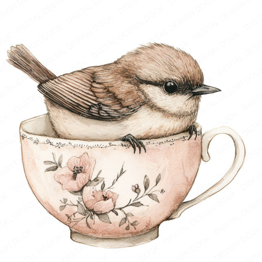 Wren in Teacup fussy cut sheet in US Letter format showing all 12 designs on one printable page