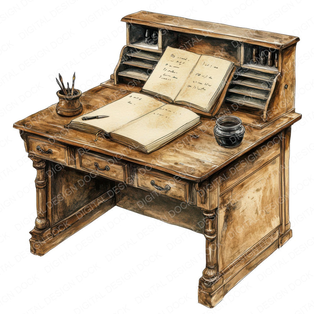 Writing Desk with Inkwell fussy cut sheet in US Letter format showing all 12 designs on one printable page