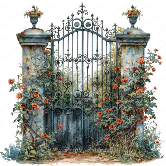 Wrought Iron Ornate Garden Gate B fussy cut sheet in A4 format showing all 12 designs on one printable page