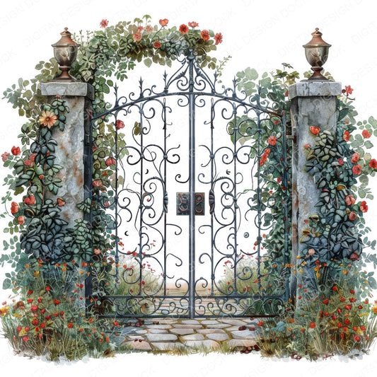 Wrought Iron Ornate Garden Gate B fussy cut sheet in US Letter format showing all 12 designs on one printable page