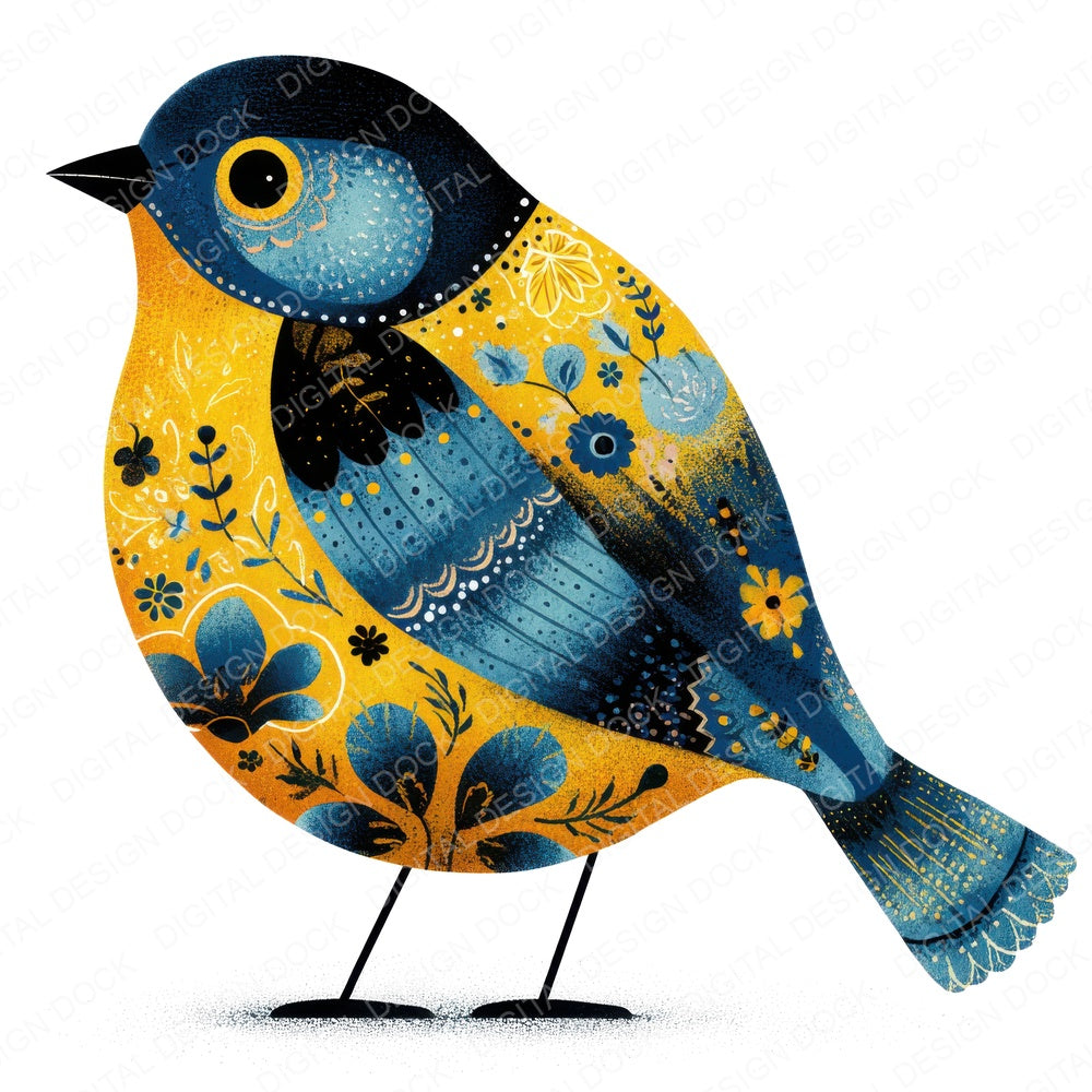 Yellow Folk Art Bird fussy cut sheet in A4 format showing all 12 designs on one printable page