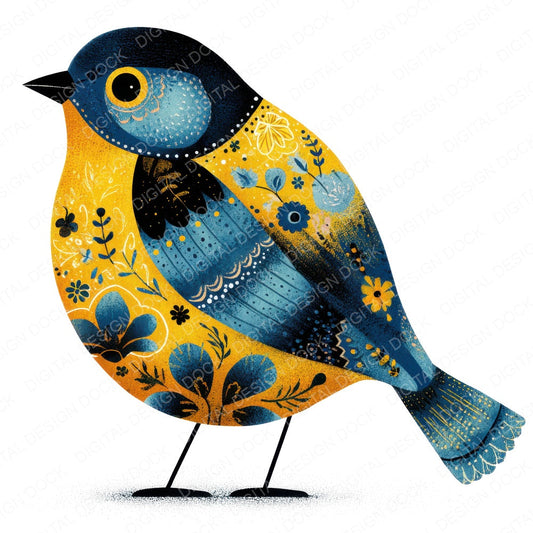 Yellow Folk Art Bird fussy cut sheet in A4 format showing all 12 designs on one printable page