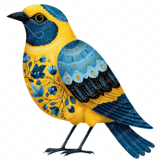 Yellow Folk Art Bird fussy cut sheet in US Letter format showing all 12 designs on one printable page