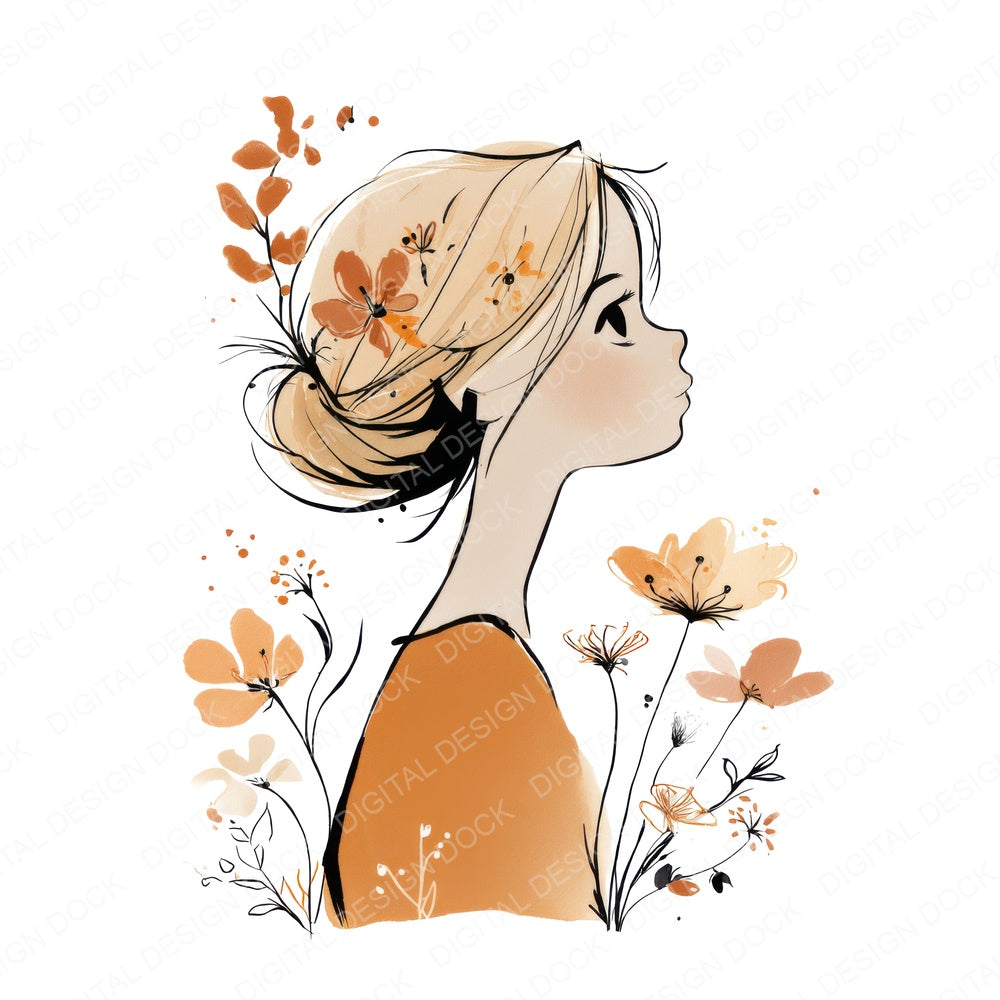 Young Girl Line Art Floral fussy cut sheet in A4 format showing all 12 designs on one printable page