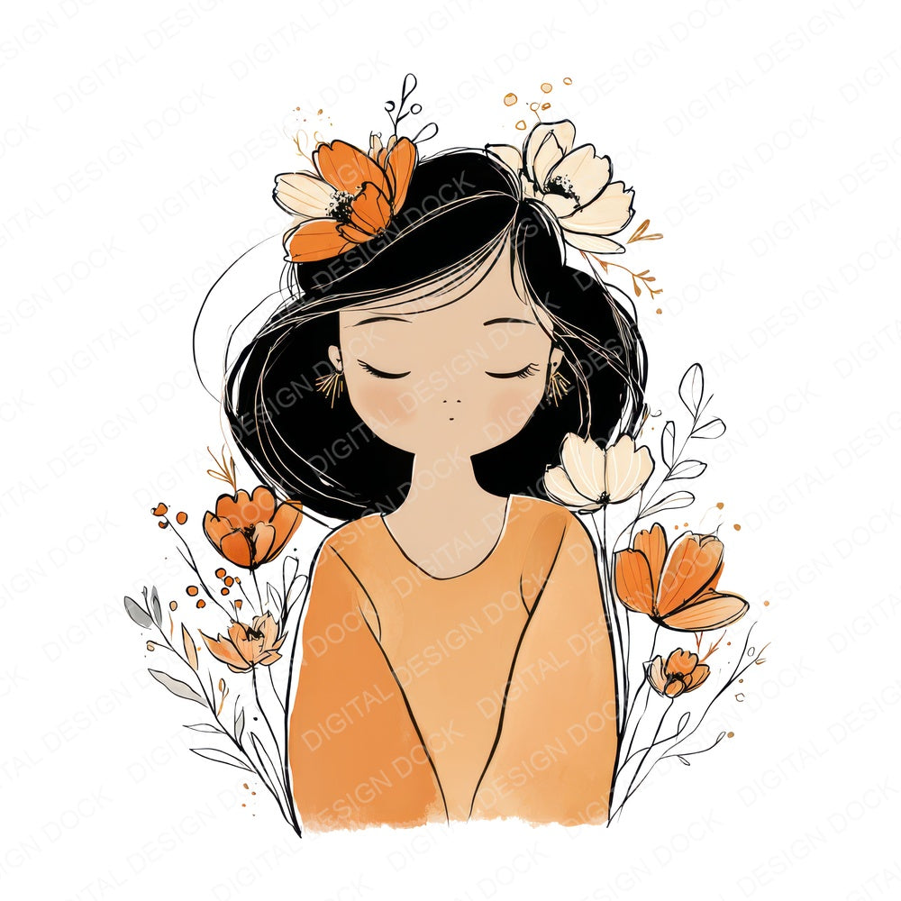 Young Girl Line Art Floral fussy cut sheet in US Letter format showing all 12 designs on one printable page