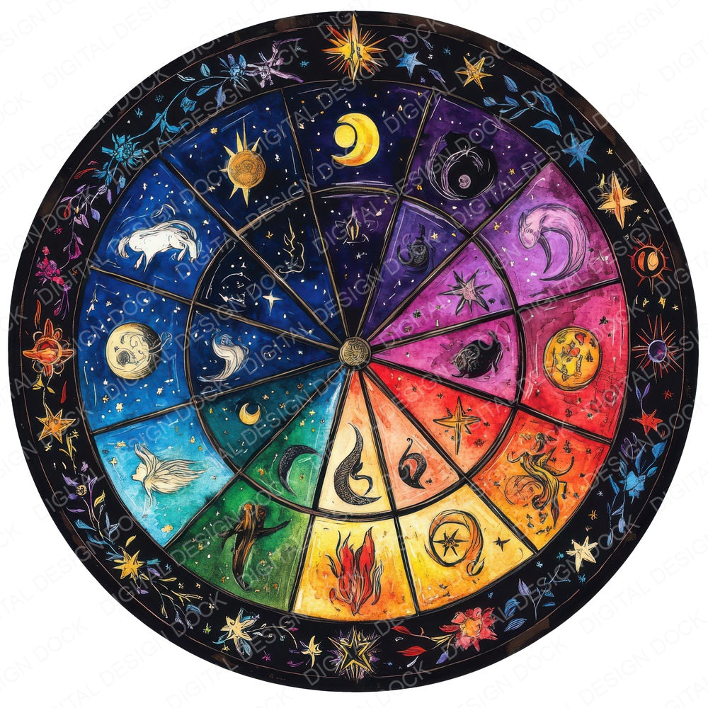 Zodiac Astrology Wheel fussy cut sheet in A4 format showing all 12 designs on one printable page