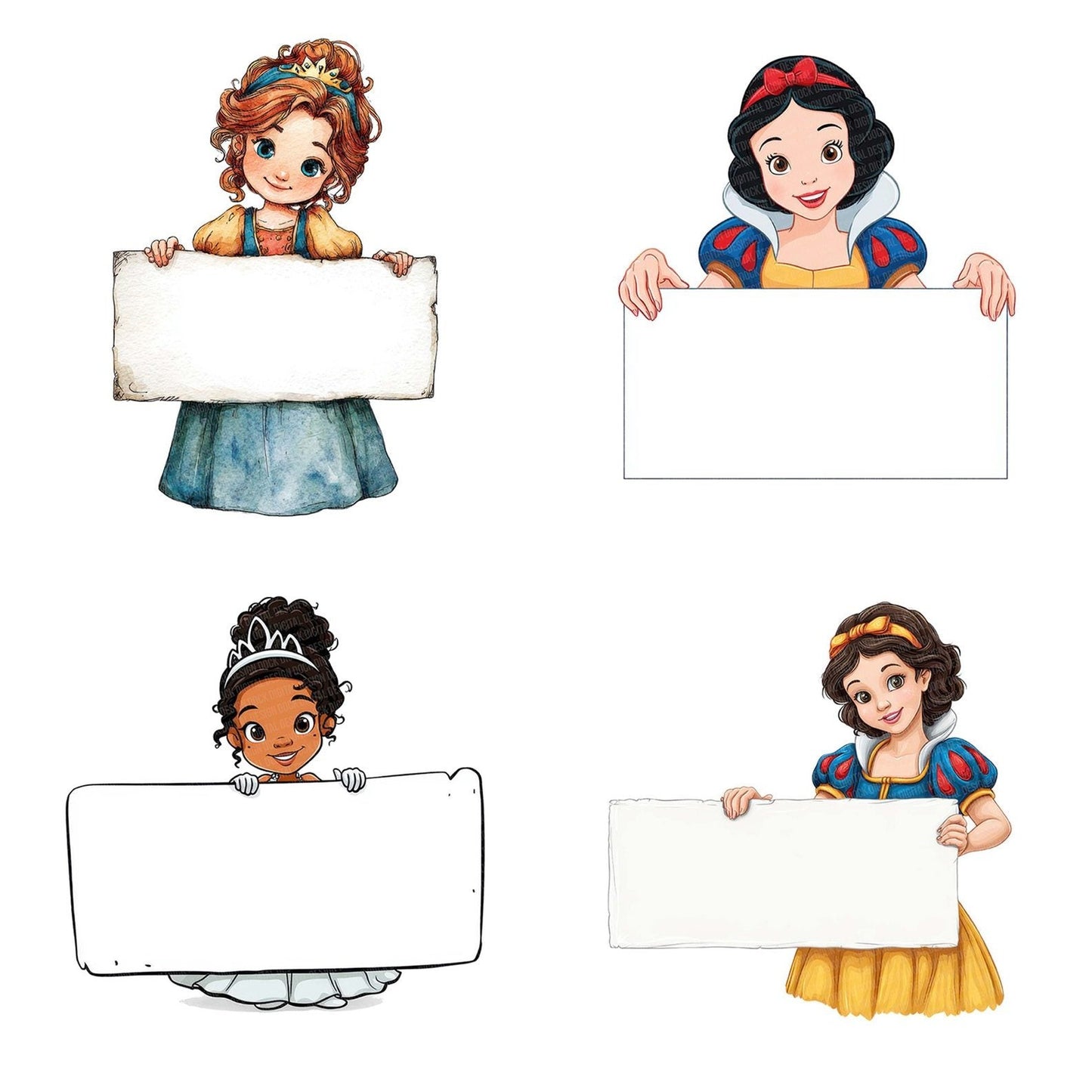 Cartoon Princess Holding Blank Banner Clipart Set (DDD004817)