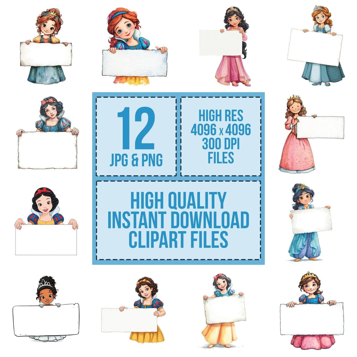 Cartoon Princess Holding Blank Banner Clipart Set (DDD004817)