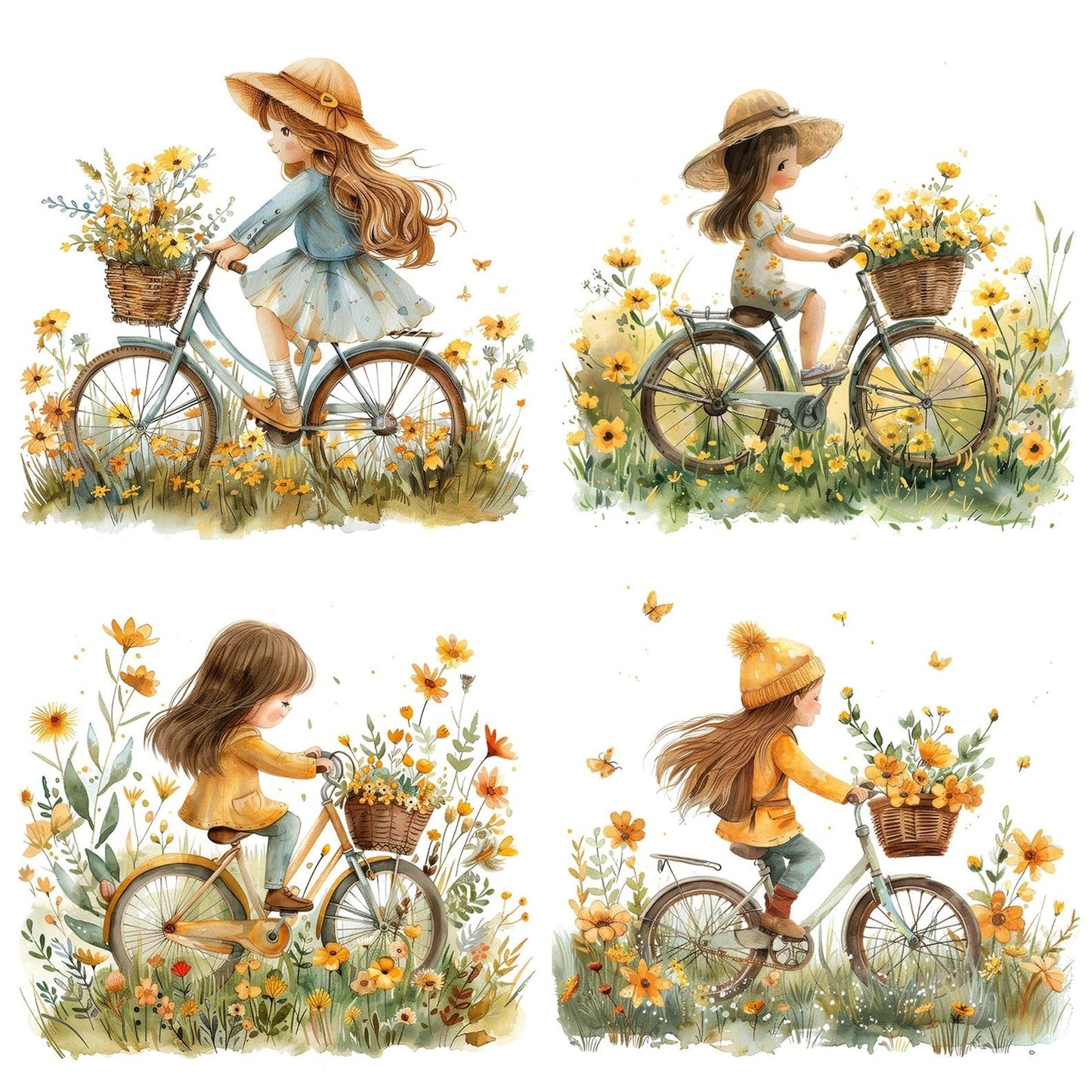Child Riding Bicycle Flower Basket Clipart Set (DDD004853)