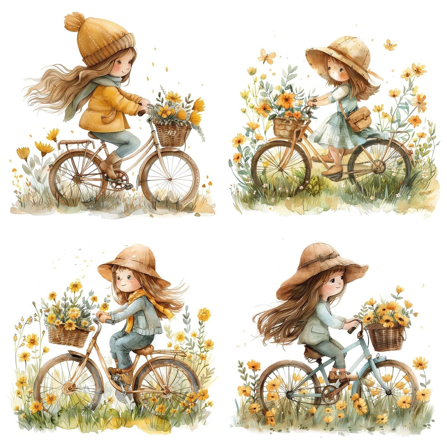 Child Riding Bicycle Flower Basket Clipart Set (DDD004853)