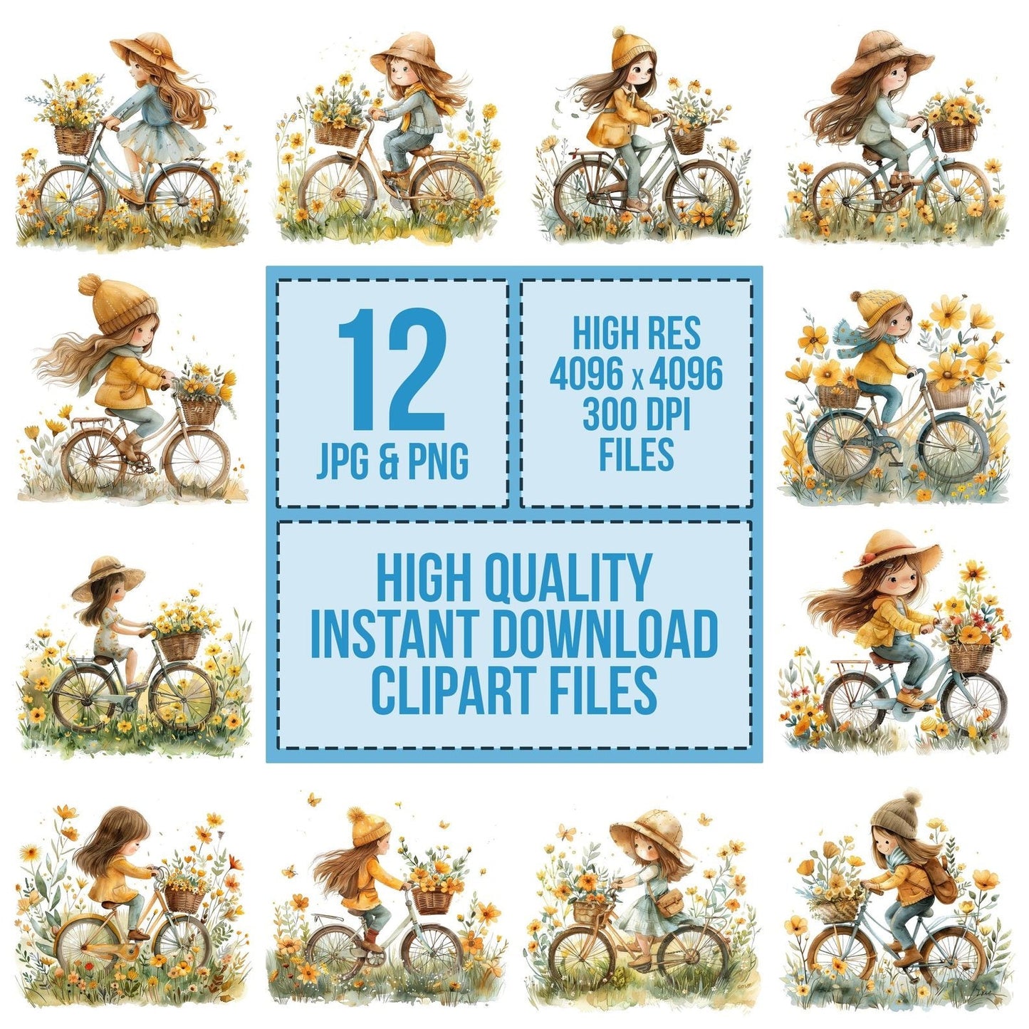Child Riding Bicycle Flower Basket Clipart Set (DDD004853)