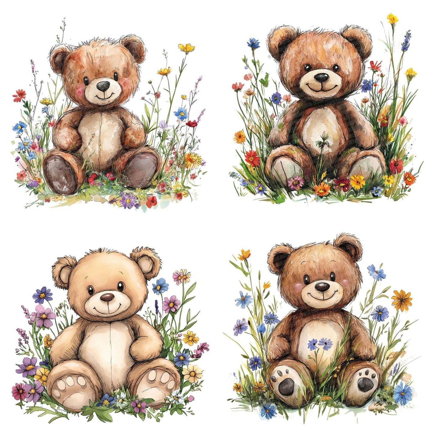 Childs Teddy Bear in Wildflowers Clipart Set (DDD004855)
