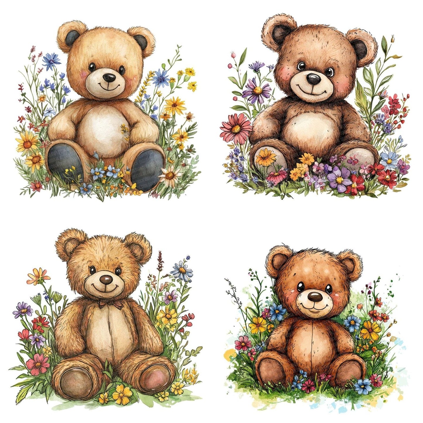 Childs Teddy Bear in Wildflowers Clipart Set (DDD004855)