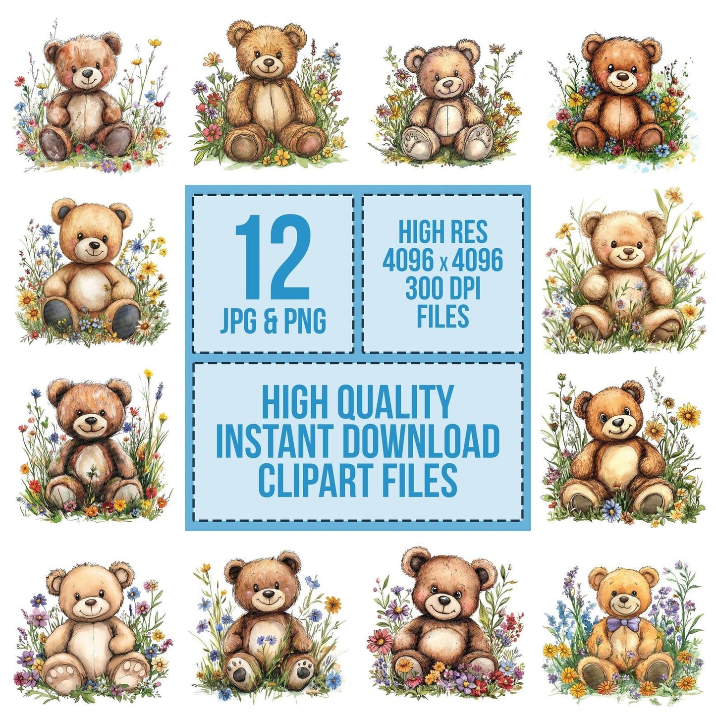 Childs Teddy Bear in Wildflowers Clipart Set (DDD004855)