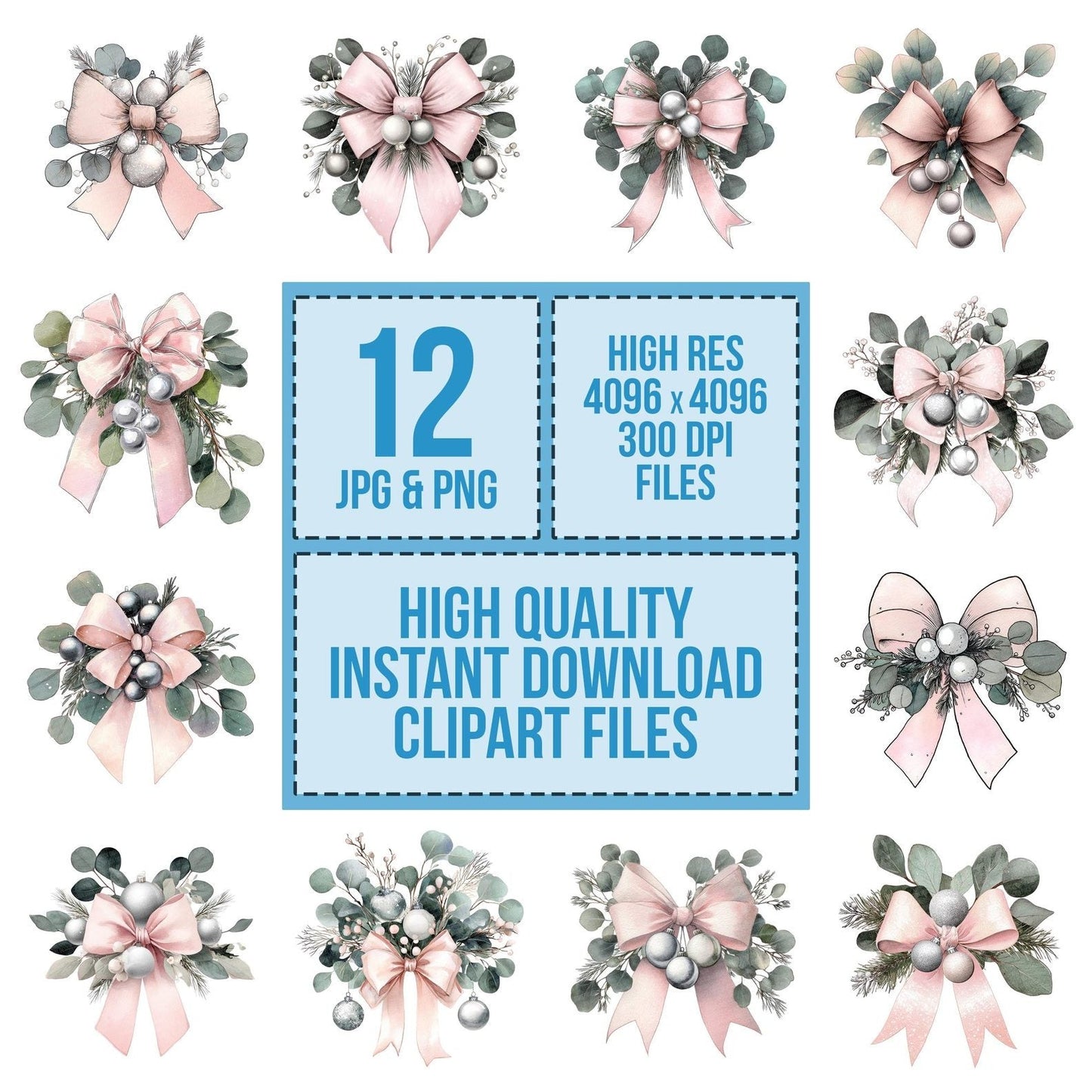 Christmas Bow with Eucalyptus Clipart Set (DDD004859)