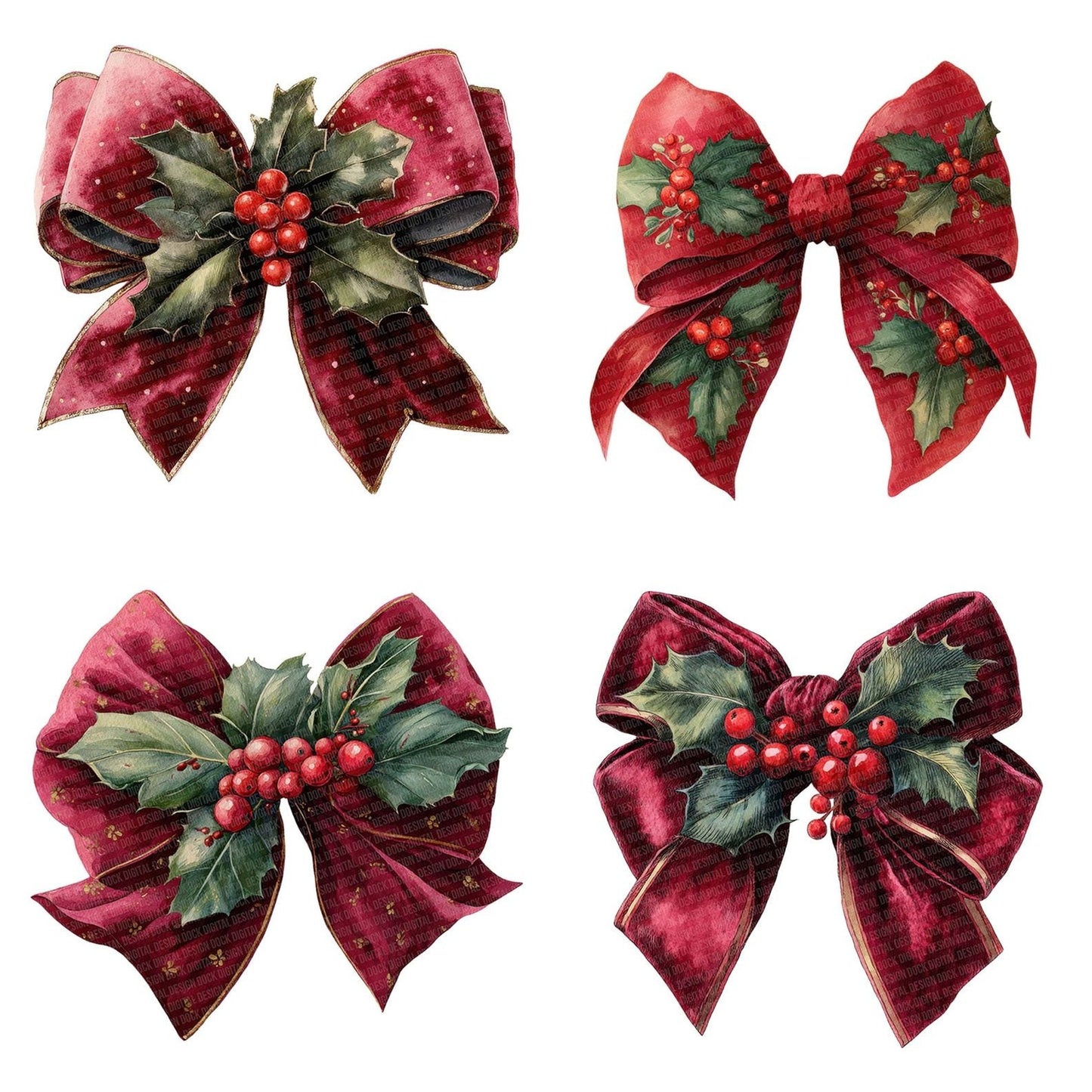 Christmas Bow with Holly Clipart Set (DDD004860)